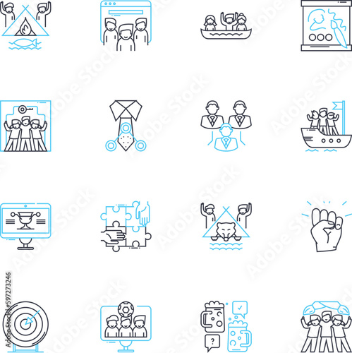 Colony linear icons set. Settlement, Community, Outpost, Migration, Expansion, Frontier, Governing line vector and concept signs. Immigration,Pier,Newcomers outline illustrations Generative AI