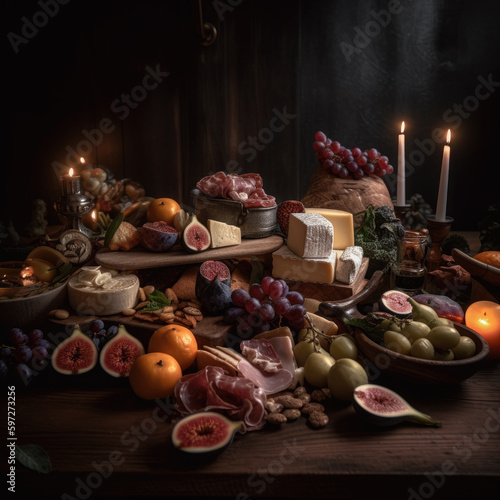 Assortment of food on a table with candles in the background including fruit, cheese, grapes, figs, and bread. Generative Ai