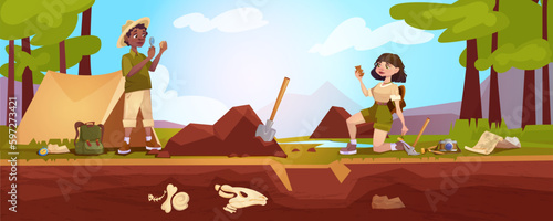Cartoon archaeologists exploring artifacts with magnifying glass, brush or studying dinosaurs fossil skeletons bones. Paleontologist characters digging sand, research with excavation shovel and loupa.