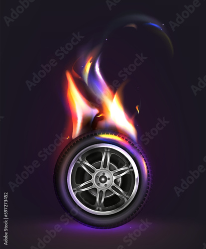 Vector 3d realistic car wheel on fire. Black tire in orange flames and sparks isolated on dark background. Burning automobile tyre in front view.