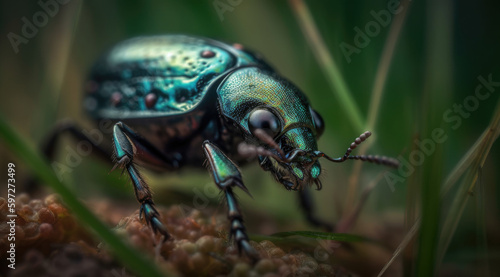 Tiny black beetle with iridescent green spots crawling. © mxi.design