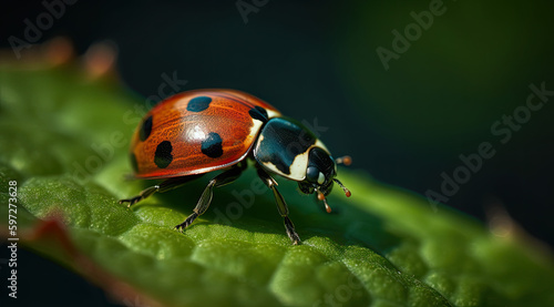 Tiny Ladybug Crawls Across Red and Black Leaf, PNG Image.
