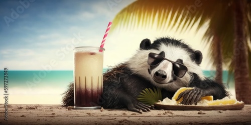 badger is on summer vacation at seaside resort and relaxing on summer beach photo