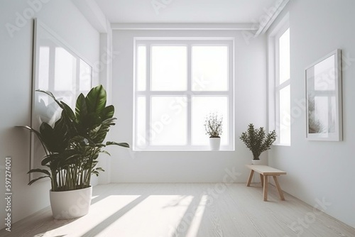 Empty white room with frame, furniture, and plants. Generative AI © Lyra