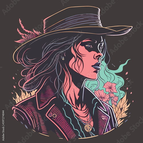 Vector art for a western inspired cowgirl t shirt design is a composition of various elements old West. Artwork design, illustration for t shirt design, printing, poster, wild west style. photo