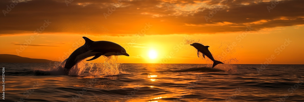 An incredible sunset sets the sky ablaze over a group of dolphins leaping and playing in the water. An extraordinary vision of marine nature. Generative AI - obrazy, fototapety, plakaty 