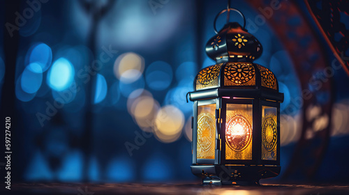 Ramadan Kareem - Moon And Arabian Lantern With Abstract Defocused Lights - Eid Ul Fitri, Eid Ul Ad ha, generative ai