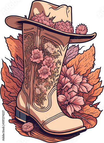 The t shirt print vector art of a cowgirl boot with a hat and flowers is a beautiful composition that captures the essence of the old west. Intricately illustrated cowgirl boot, intricate elements.
