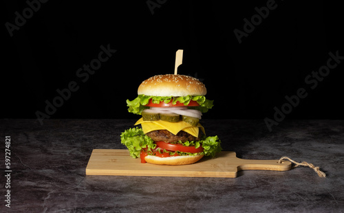 Fresh tasty burger on dark background. Copy space for text