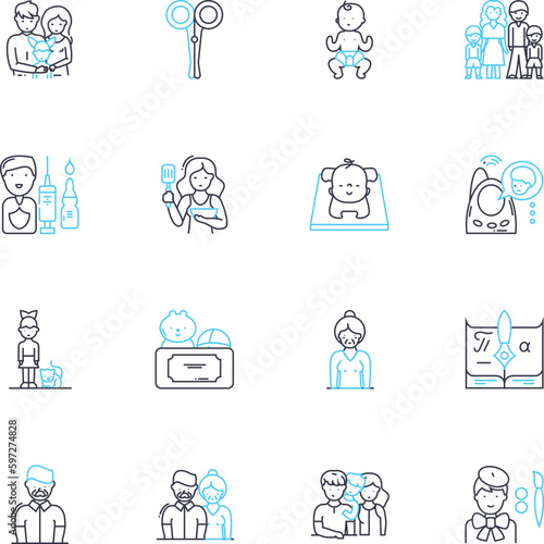 Youngsters linear icons set. Youth, Adolescents, Teenagers, Juveniles, Minors, Kids, Children line vector and concept signs. Preteens,Juniors,Freshmen outline illustrations Generative AI