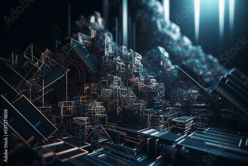 Geometric 3D structure on black tech background with extruded futuristic forms. Generative AI
