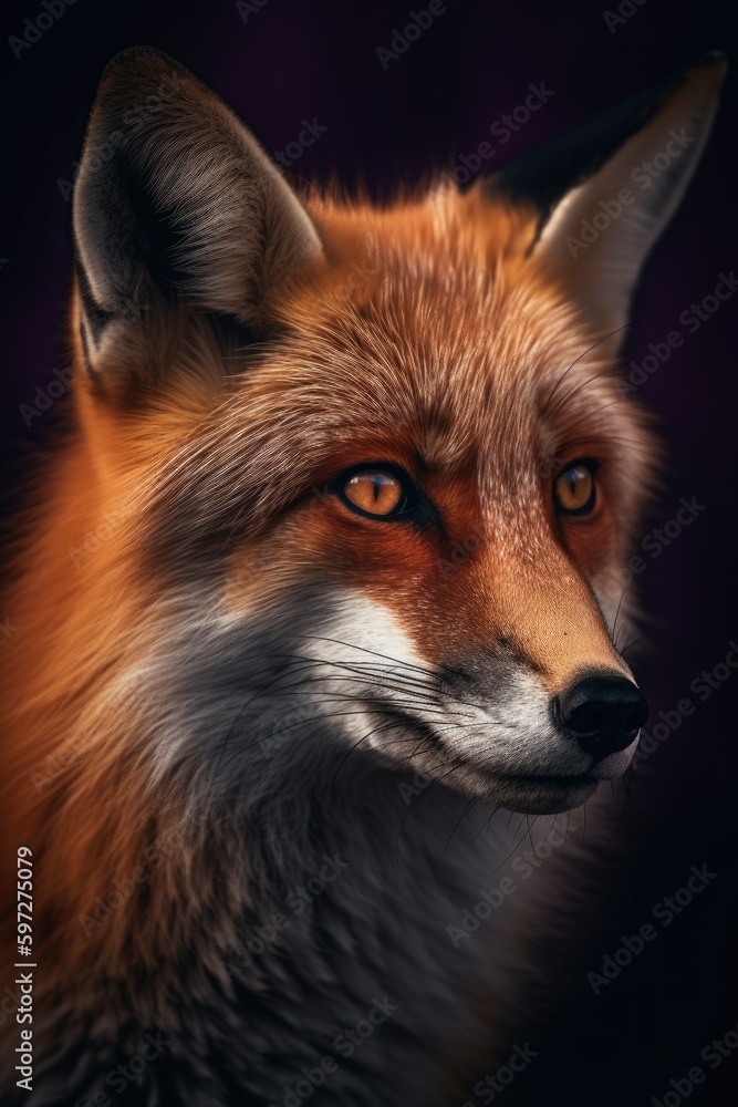 Majestic Red Fox portrait on the purple background Majestic Red Fox portrait on the purple background