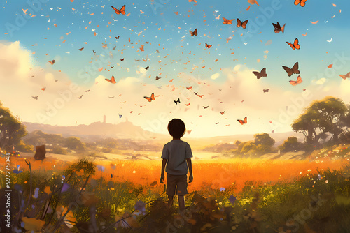 A kid looking at an open field with butterflies