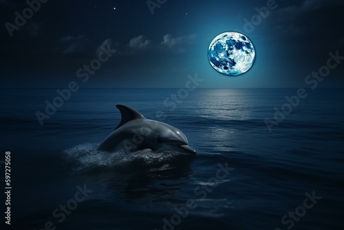 Dolphin and moon depicted together. Generative AI