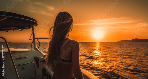 A young blonde woman in a bikini watches the sun set over the ocean from a luxury yacht, offering an idyllic view of a heavenly vacation. Generative AI