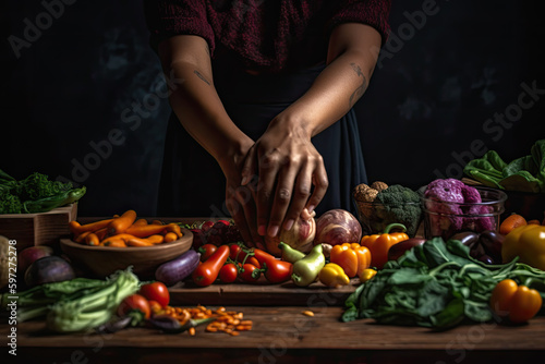 A woman's hands slicing vegetables on a wooden cutting board with a dark background. Generative Ai
