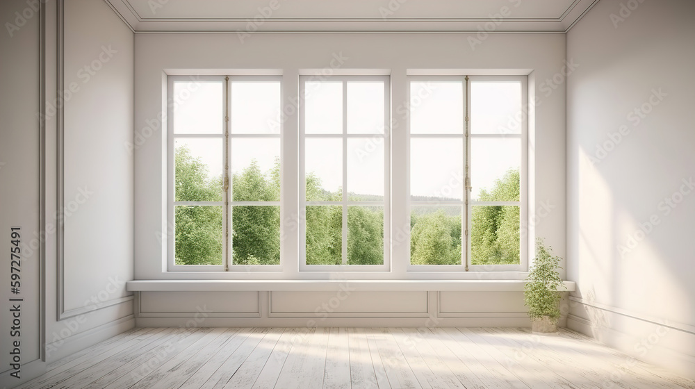 Light empty modern room with a spring landscape in the window. AI generation