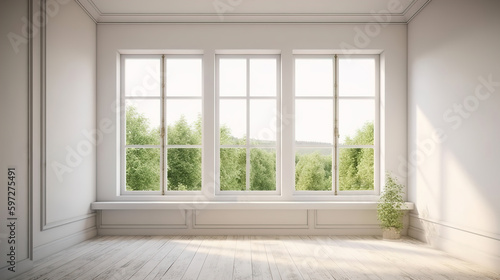 Light empty modern room with a spring landscape in the window. AI generation
