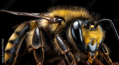 Close-up image of a fuzzy yellow bumblebee