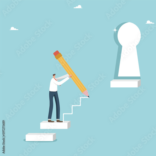 Searching for new opportunities and a way out of a difficult situation, developing an effective business strategy, creativity and innovation on the way to success, man draws steps to the keyhole-door.