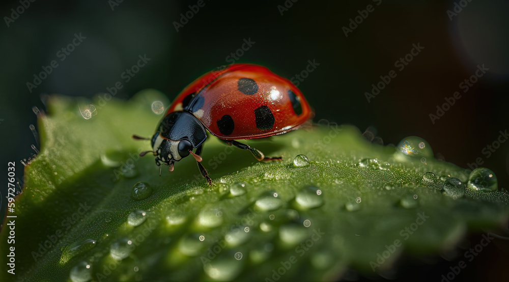 Tiny Ladybug Resting on a Green Surface, Close-Up View. Tiny Ladybug Resting on a Green Surface, Close-Up View.