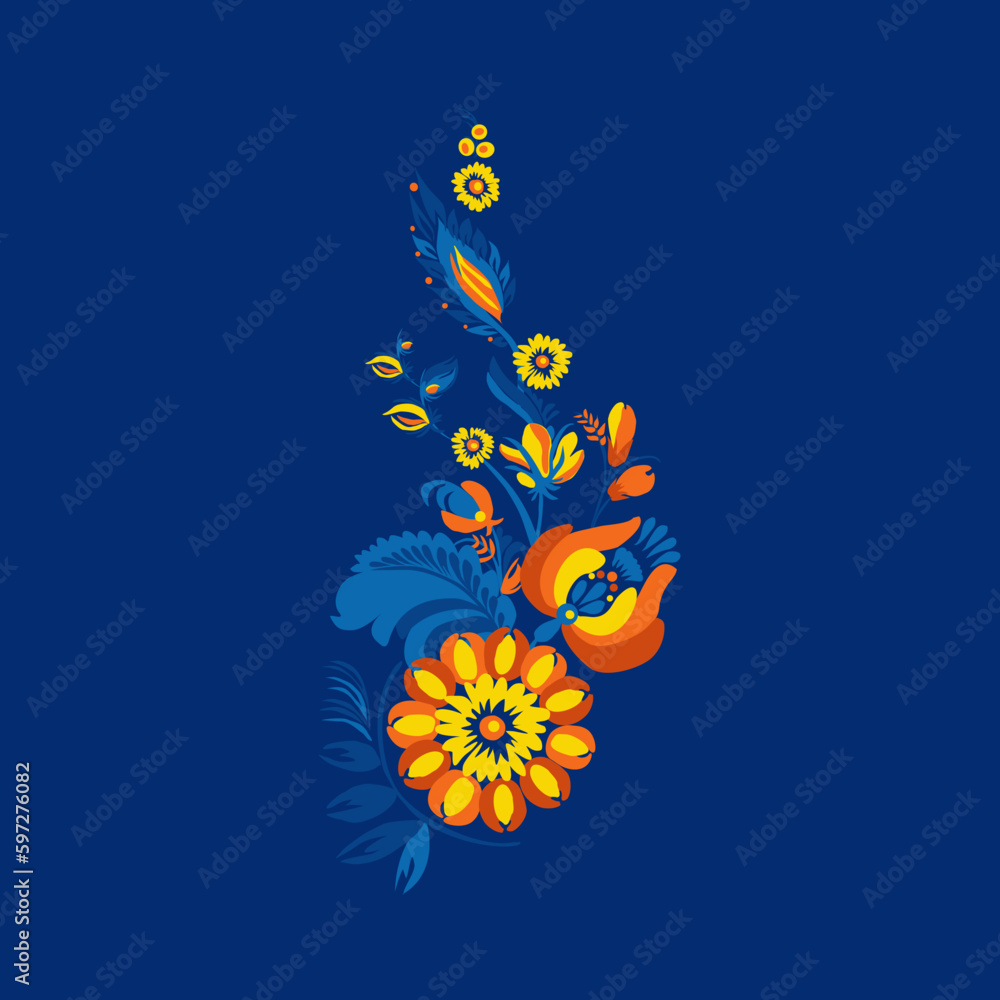 Fototapeta premium Traditional Ukrainian painting of Petrykivka. Elements of blue and yellow floral ornament. Decorative composition.