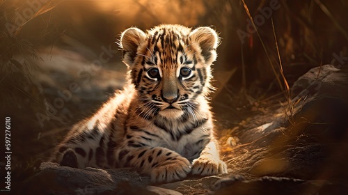Young Predator On The Savannah: Adorable Baby Tiger Cub in Nature's Wild: Generative AI