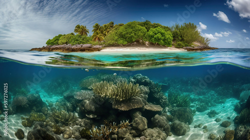 Tropical Island And Coral Reef - Split View With Waterline, generative ai © coco
