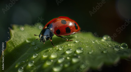 Tiny Ladybug Resting on a Green Surface, Close-Up View. © mxi.design
