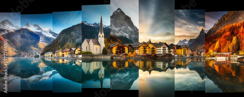 Creative panorama of architecture, monuments, landscapes and culture of Switzerland in the Alps. Harmony between overlays and bright colors with dynamic effects. Generative AI photo