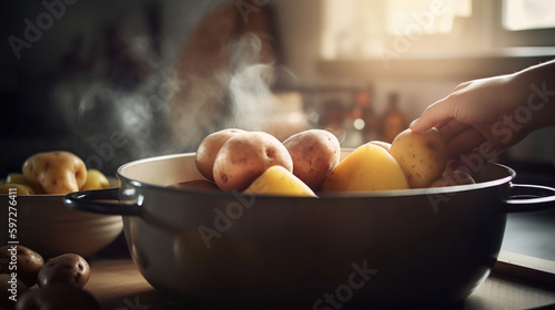 Woman adding potato to cooking pot in kitchen, generative ai