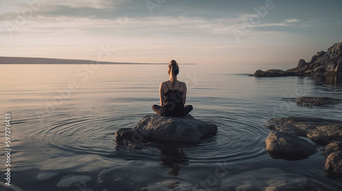 Woman meditating near sea. Scheme of seven chakras, illustration, generative ai