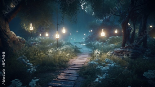 Moonlit Path Through Magical Forest: A Cinematic Journey with Unreal Engine and Insane Details in Super-Resolution and DOF Effects, Generative AI