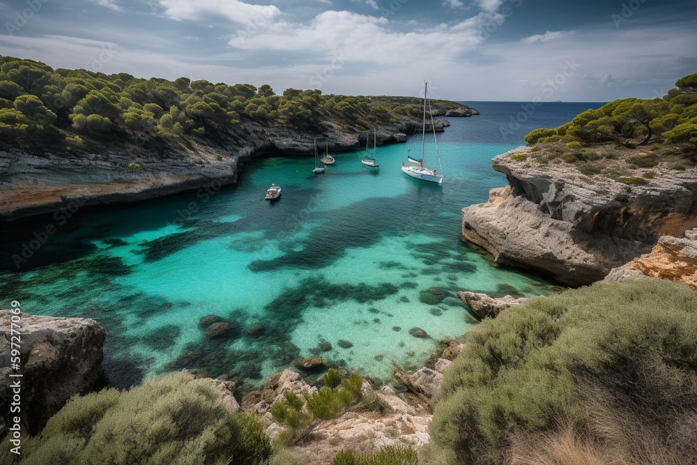 Stunning bay on Menorca Island, Spain featuring sailboats. Generative AI