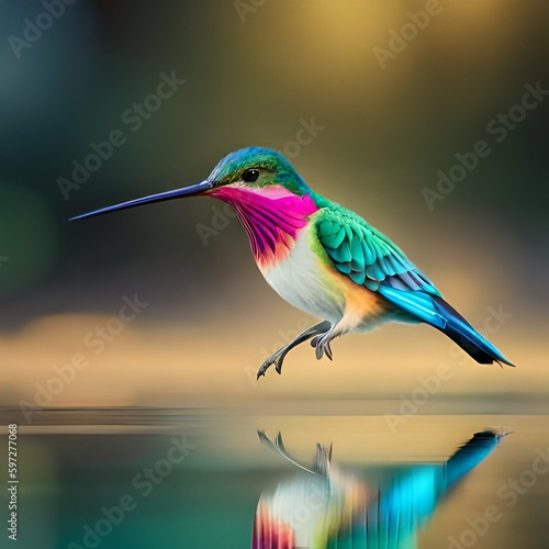 hummingbird flying over water, Generative AI Digital Illustration © youssef