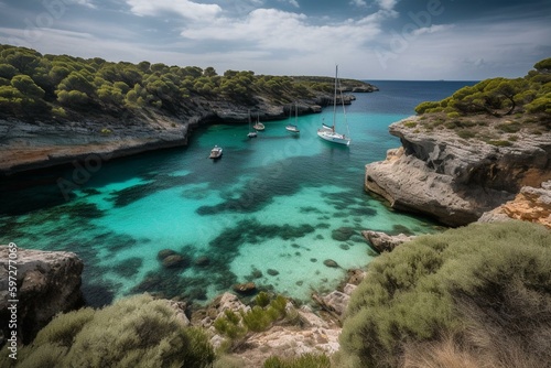 Stunning bay on Menorca Island, Spain featuring sailboats. Generative AI