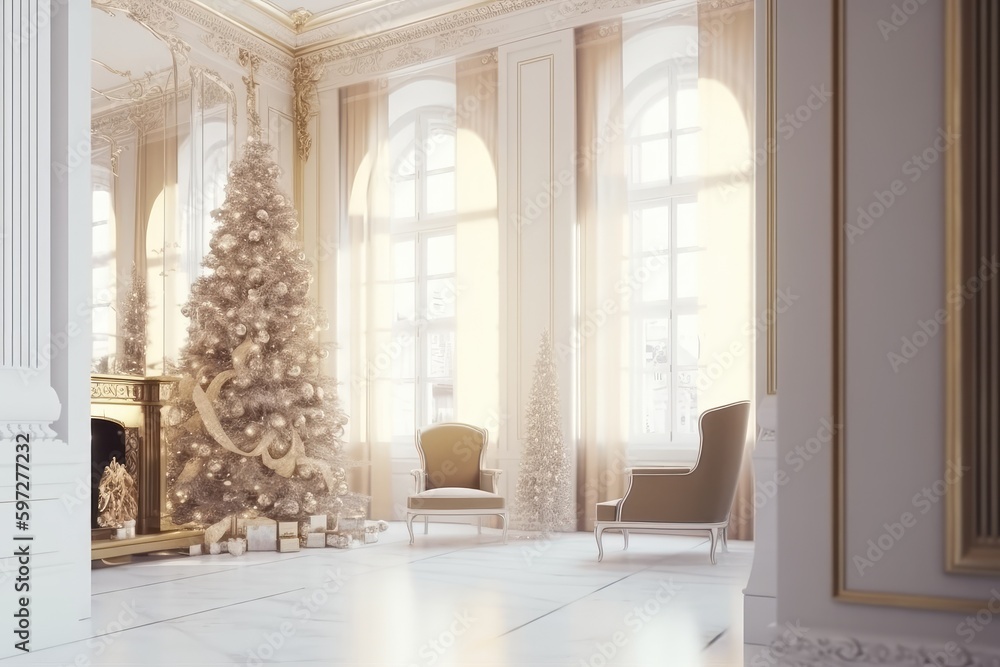 cozy living room decorated with a Christmas tree. Generative AI cozy living room decorated with a Christmas tree. Generative AI