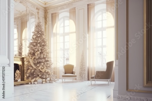 cozy living room decorated with a Christmas tree. Generative AI