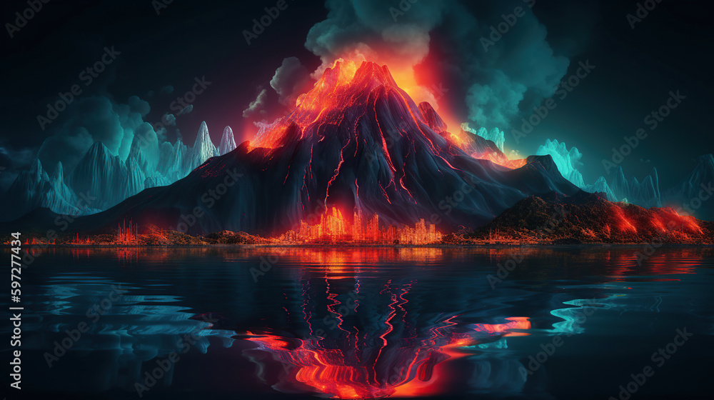 Night fantasy landscape with abstract mountains and island on the water, explosive volcano with burning lava. Dark Futuristic natural scene with reflection of light in the water. generative ai