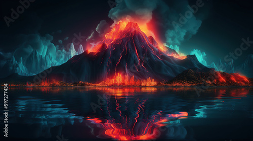 Night fantasy landscape with abstract mountains and island on the water, explosive volcano with burning lava. Dark Futuristic natural scene with reflection of light in the water. generative ai