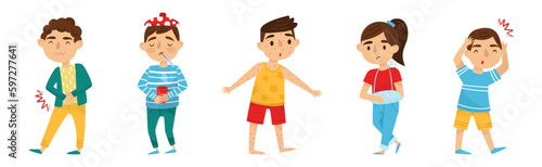 Sick Kids Feeling Unwell and Sick Vector Set