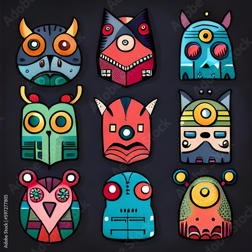 many monsters, doodle art style, colorful,tattoo