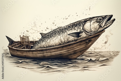 Hand-drawn ink illustration of a sesame mackerel on a Haran boat. Generative AI