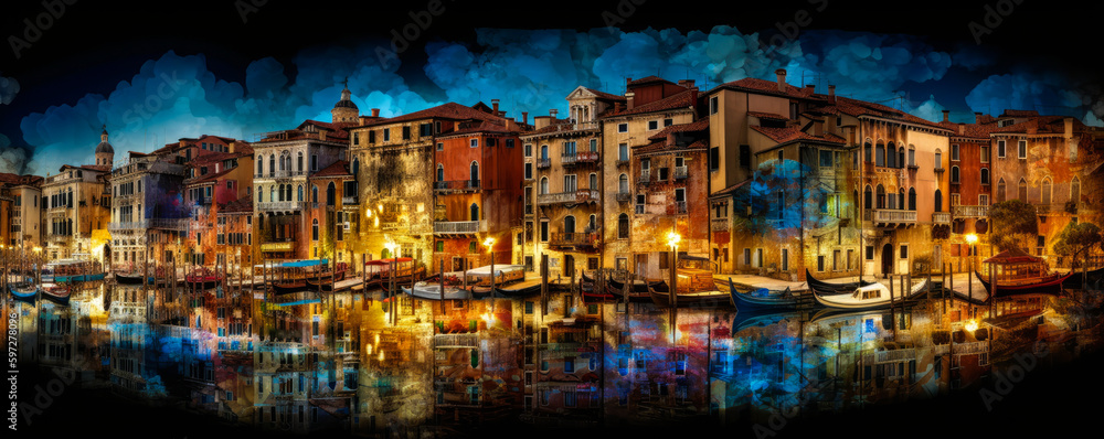 Artistic collage of Venice illuminated with bright colors and beautiful lights. A perfect landscape to discover the monuments, the culture and the Italian landscape. Generative AI