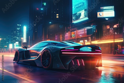 Speed Through the Night: Generative Sports Car Rushing Through Futuristic City With Neon Lights, Generative AI