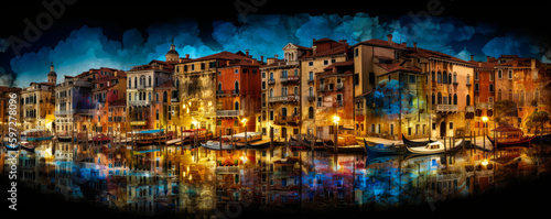 Artistic collage of Venice illuminated with bright colors and beautiful lights. A perfect landscape to discover the monuments, the culture and the Italian landscape. Generative AI