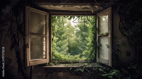 Terrifying Visions of an Abandoned, Weathered House with an Open Window and Overgrown Tree Branches. Generative AI