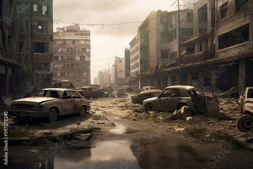 The Apocalyptic End: Dark Streets of a Dead City, Left in Devastation After War: Generative AI