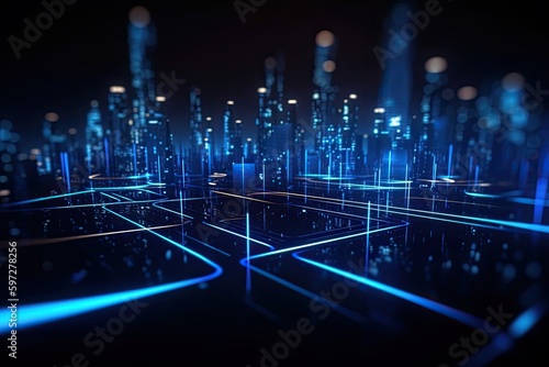 The City of the Future: Dark Blue Abstract Neon Lights and a Three-Dimensional Art Background