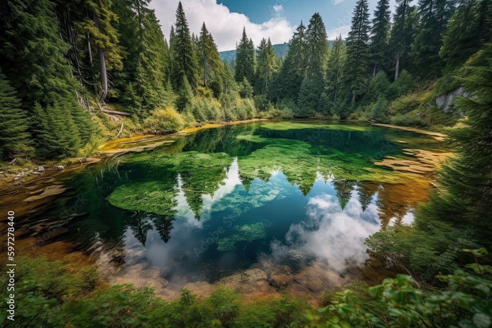 The Magical Generative Lake: Human Footprints Amidst Lush Mountain Forest and Sky: Generative AI